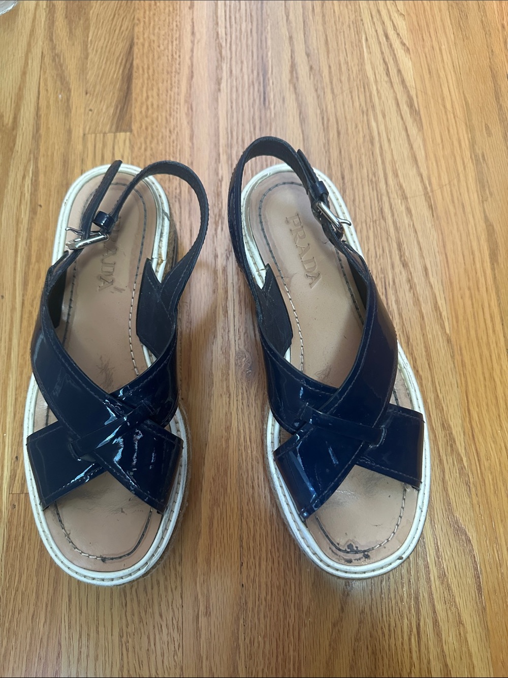 Prada Black Patent Leather Crisscross Slingback Sandals